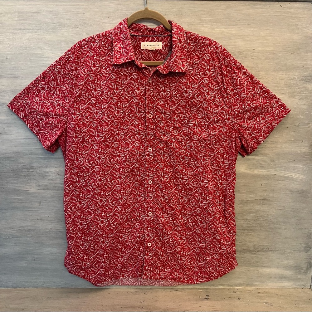 Aeropostale 100% Cotton Red Abstract Print‎ Short Sleeve Button Down Shirt XL GC